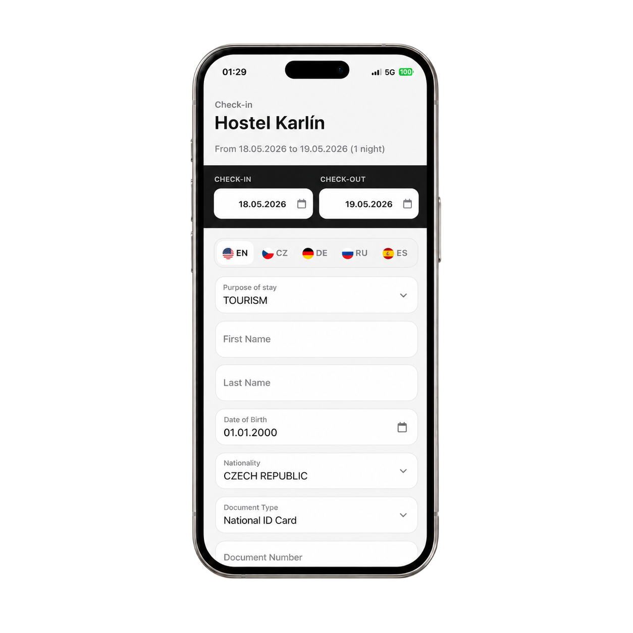 Mobilní online check-in formulář Checkinn.cz pro hosta